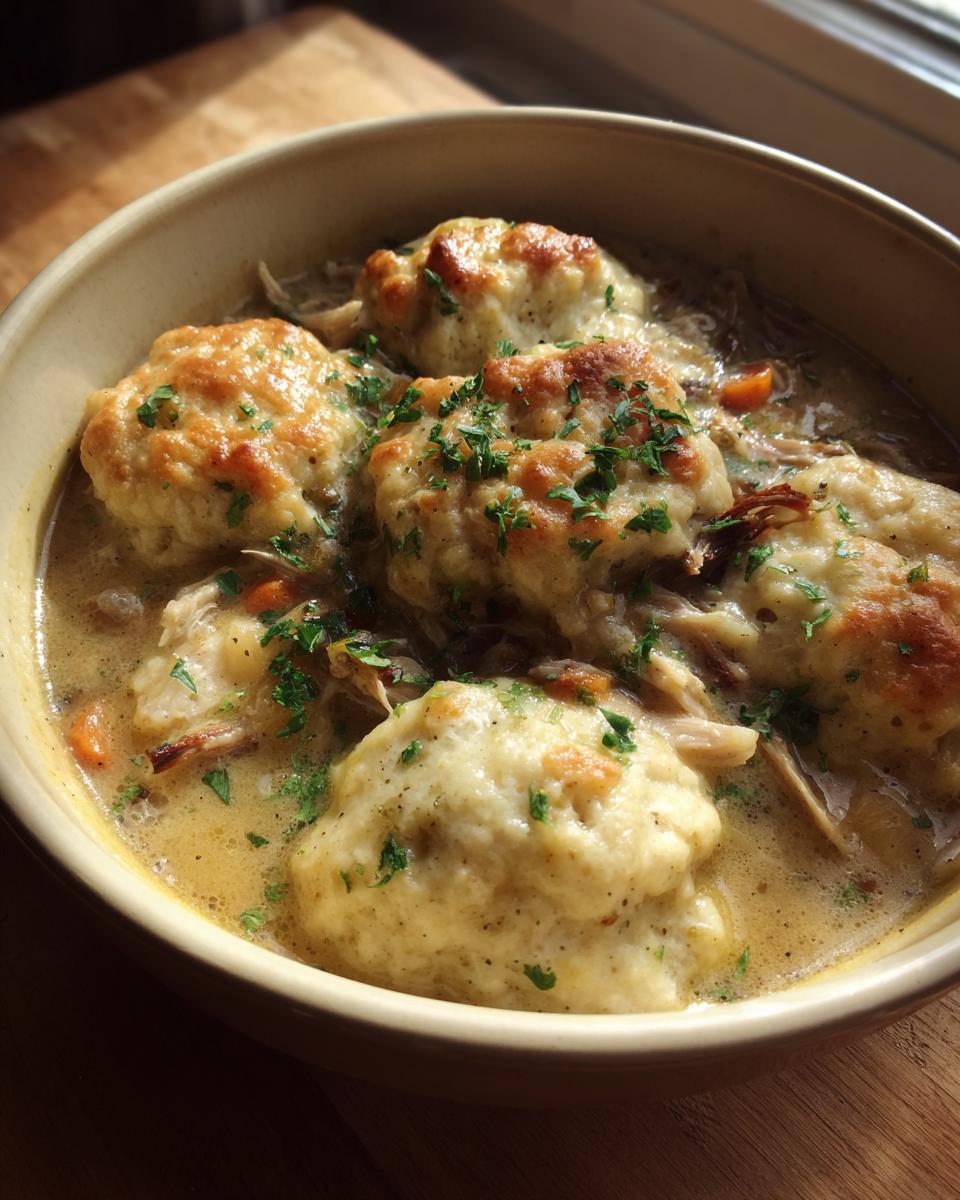 A close-up of a bowl filled with creamy chicken and dumpling stew, topped with golden-brown dumplings and fresh parsley.