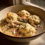 A close-up of a bowl of creamy chicken and dumpling stew, featuring shredded chicken and fluffy dumplings garnished with parsley.