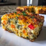 Close-up of a thick slice of savory egg bake, topped with melted cheddar cheese and chives.