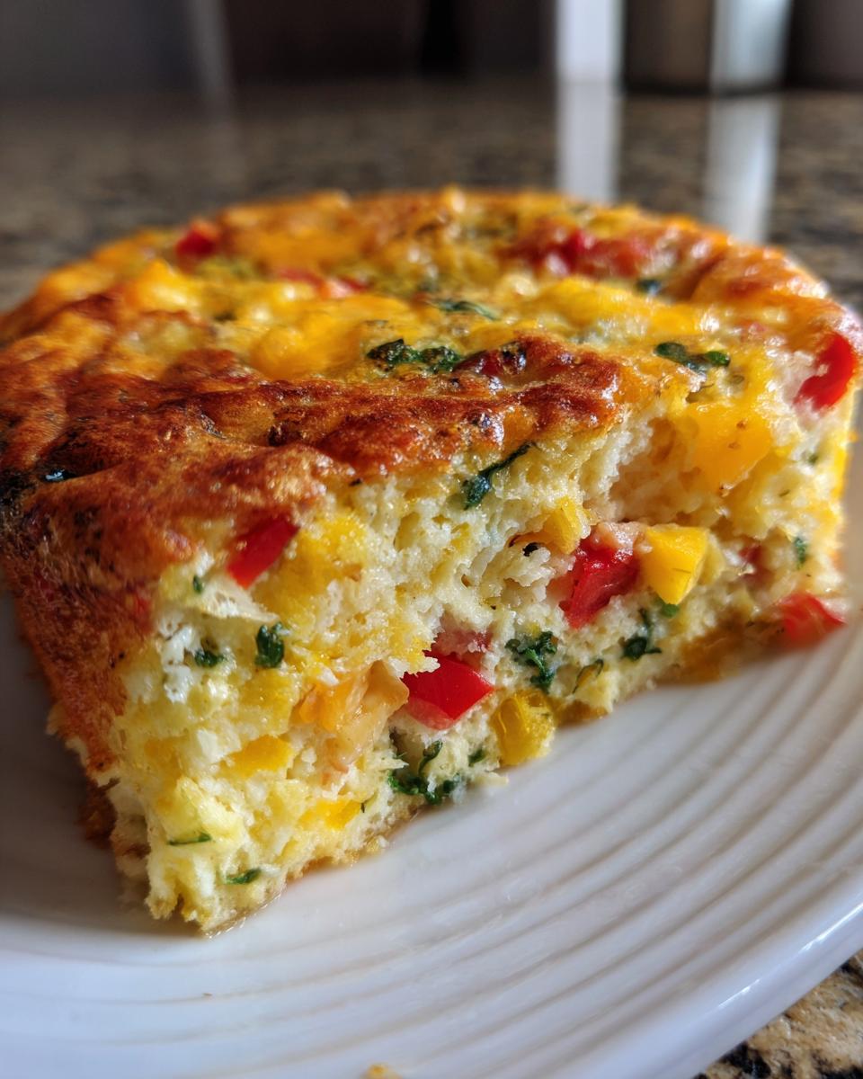 Close-up of a thick slice of high-protein egg bake, showing fluffy texture, melted cheese, and colorful red and yellow bell peppers.