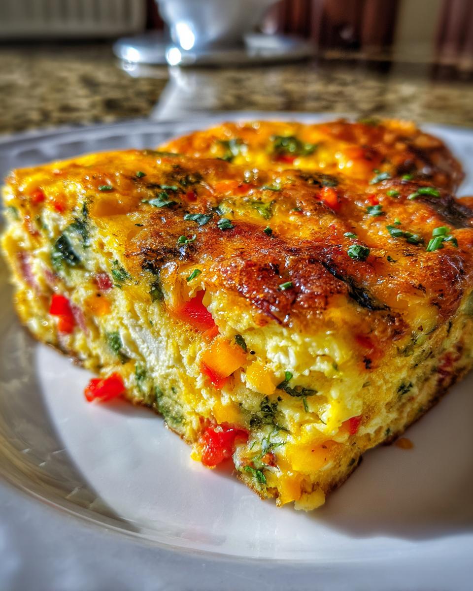 Close-up of a thick, golden slice of high-protein egg bake filled with colorful bell peppers and herbs.