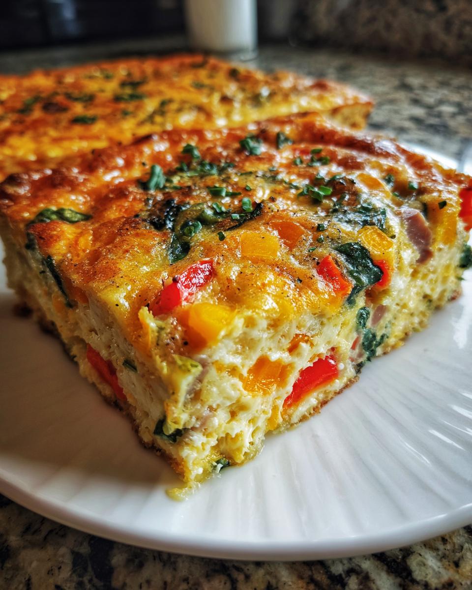 Close-up of a thick slice of savory egg bake, rich with colorful peppers and spinach, garnished with herbs.