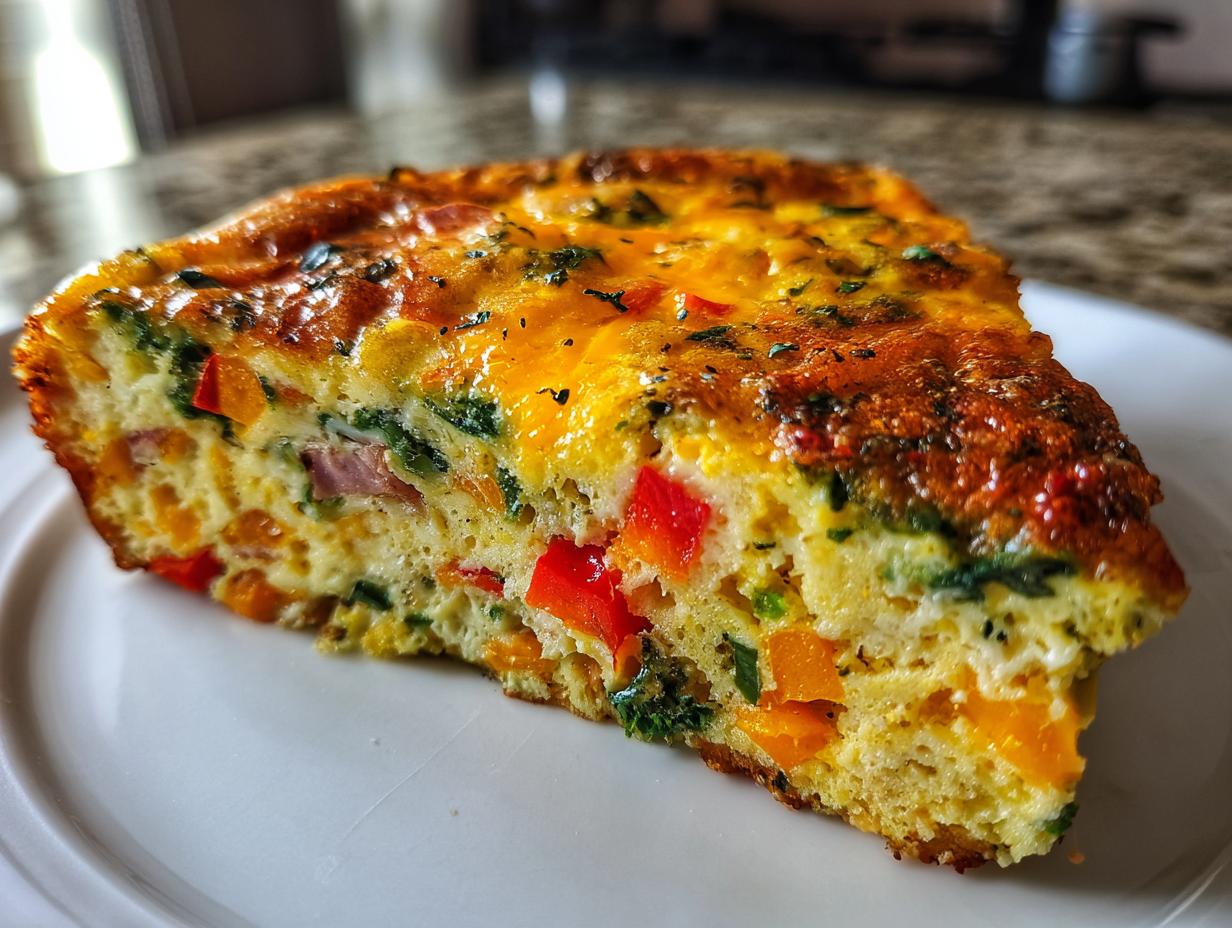 A close-up, appetizing slice of high-protein egg bake filled with colorful peppers and spinach on a white plate.