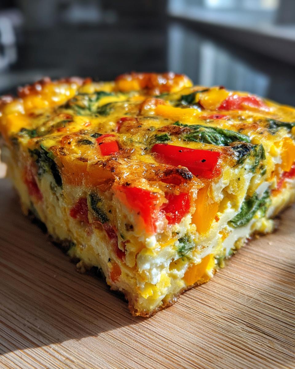 Close-up of a thick slice of vegetable egg bake featuring red and yellow peppers and green spinach, sitting on a wooden board.