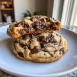 Close-up of two homemade chocolate chip cookies, one broken open revealing a gooey, melted chocolate center.