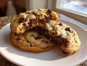 Close-up of gooey homemade chocolate chip cookies, one broken open to show melted chocolate chips inside.