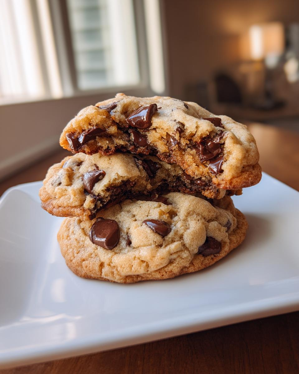 Close-up of three homemade chocolate chip cookies stacked, with the top one broken open showing melted chocolate.