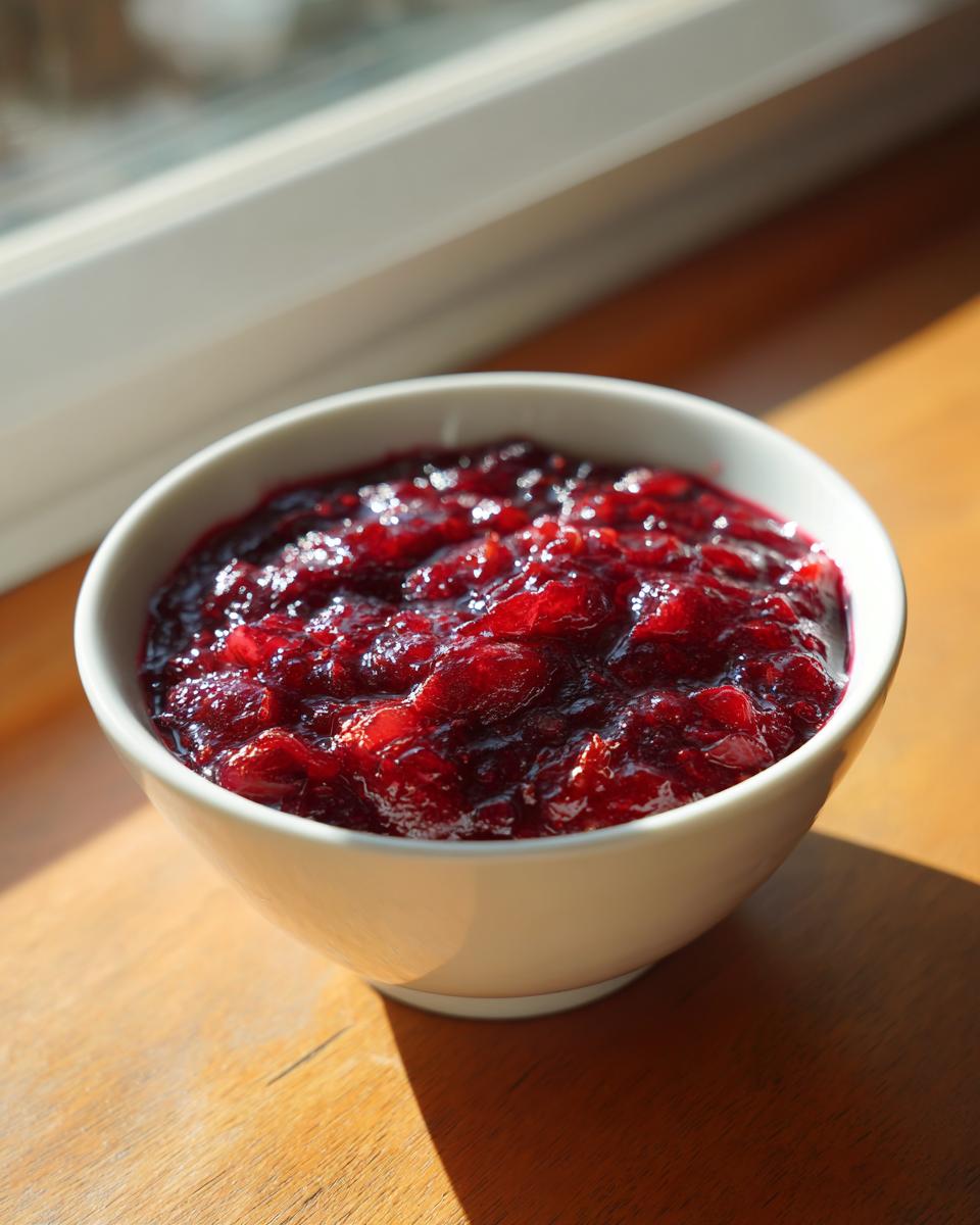 A bright, chunky homemade cranberry sauce served in a small white bowl on a wooden surface.