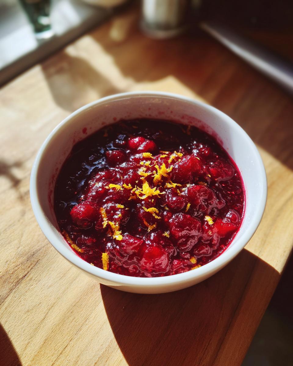 A white bowl filled with chunky homemade cranberry sauce, topped with bright orange zest.