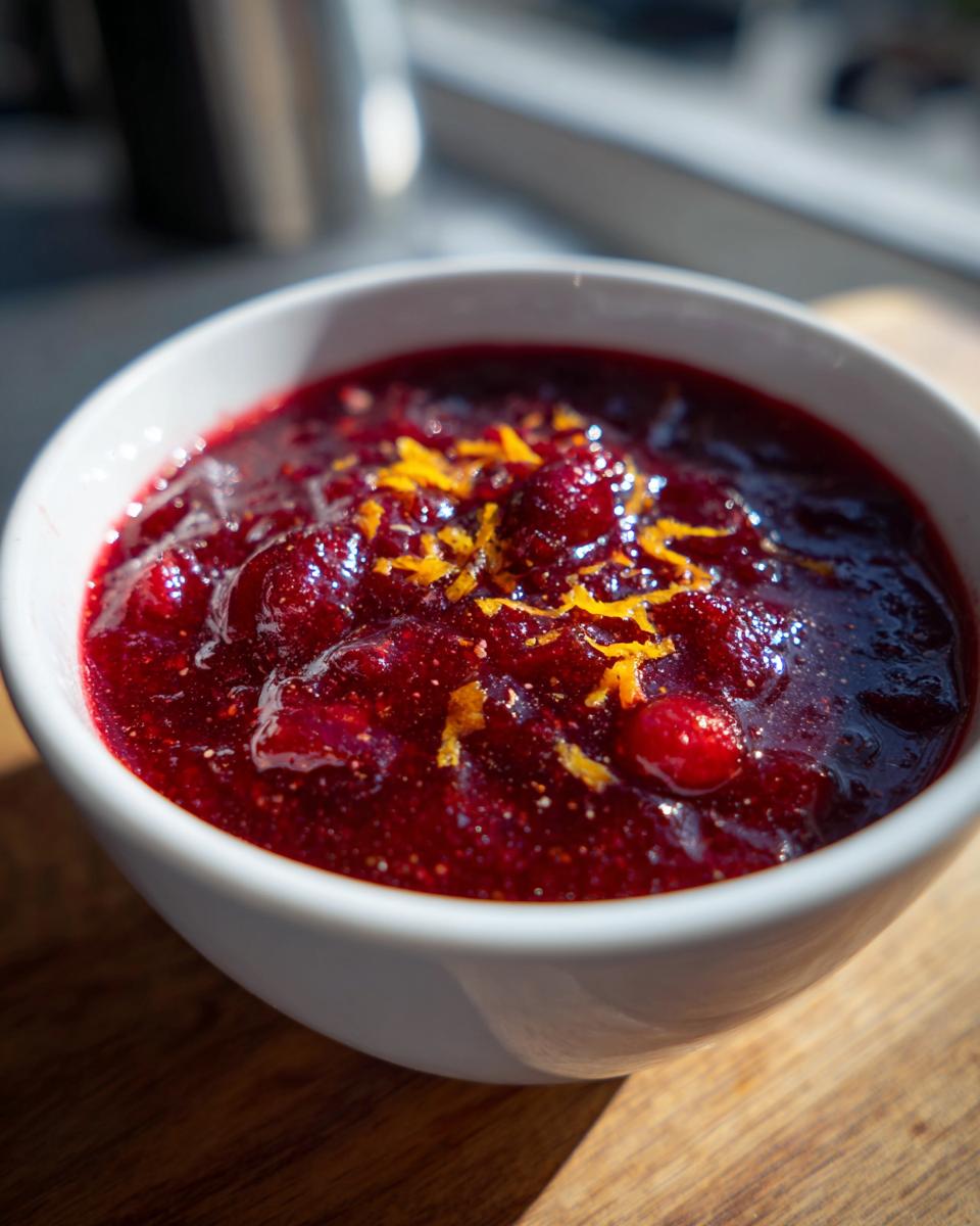 Close-up of rich, deep red homemade cranberry sauce topped with bright orange zest in a white bowl.