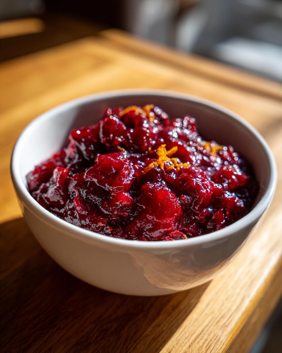 Rich, glistening homemade cranberry sauce topped with orange zest in a white bowl.