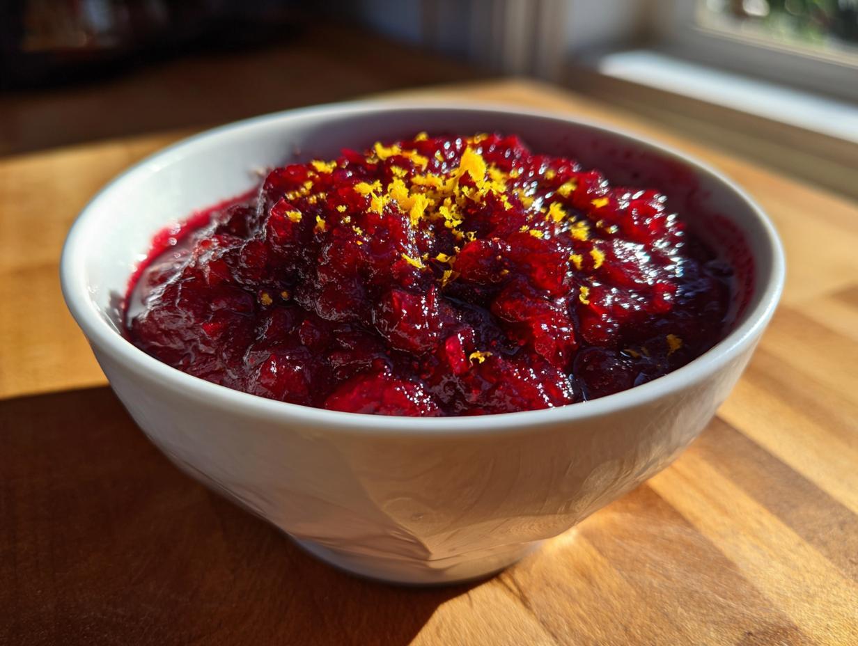 Close-up of homemade cranberry sauce in a white bowl, topped with bright orange zest.