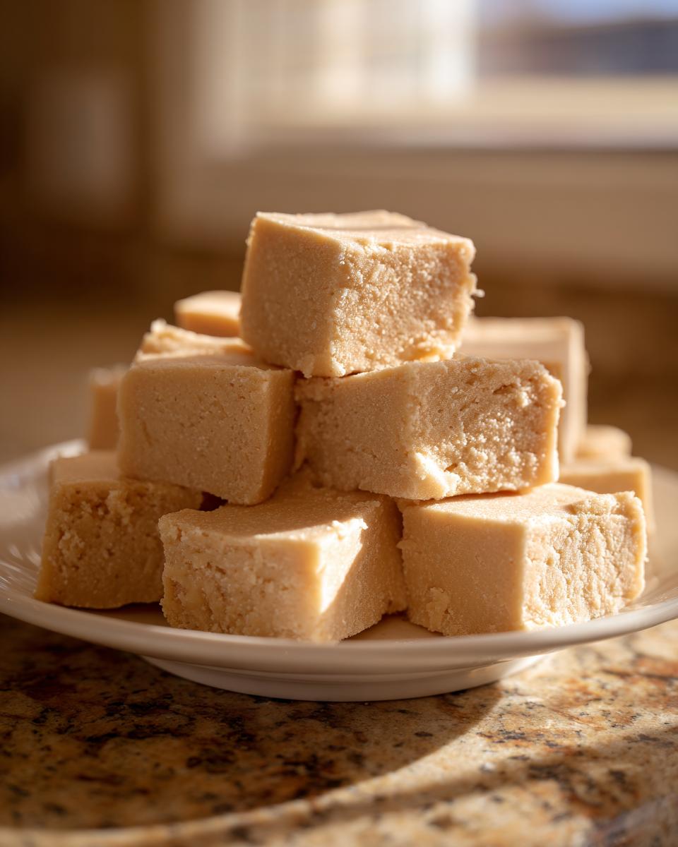 A stack of creamy, light brown maple fudge squares piled high on a white saucer, catching bright sunlight.