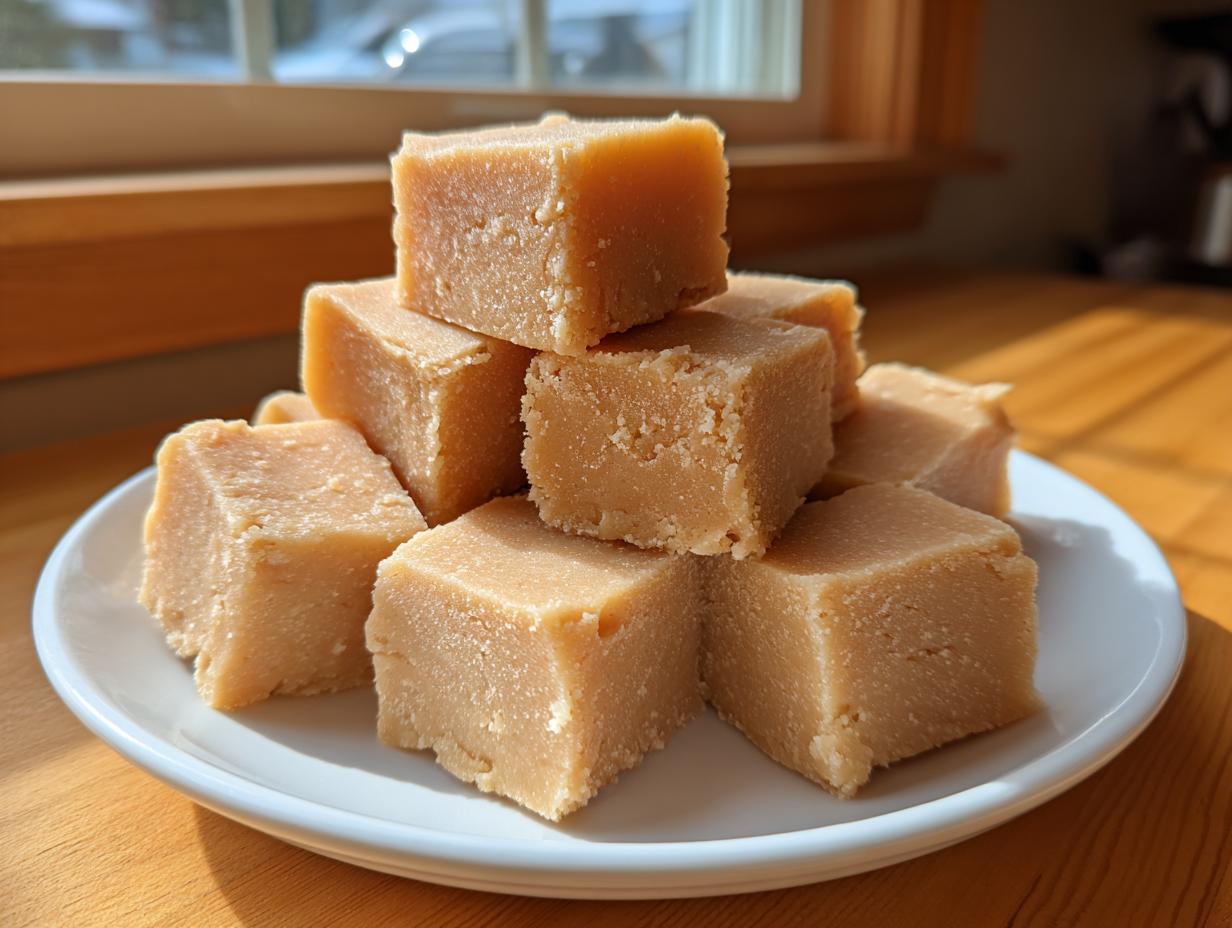 A stack of creamy, light brown maple fudge squares piled high on a white plate near a sunlit window.
