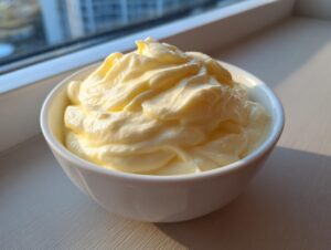 A close-up of thick, creamy homemade mayonnaise swirled high in a small white bowl, set near a window.