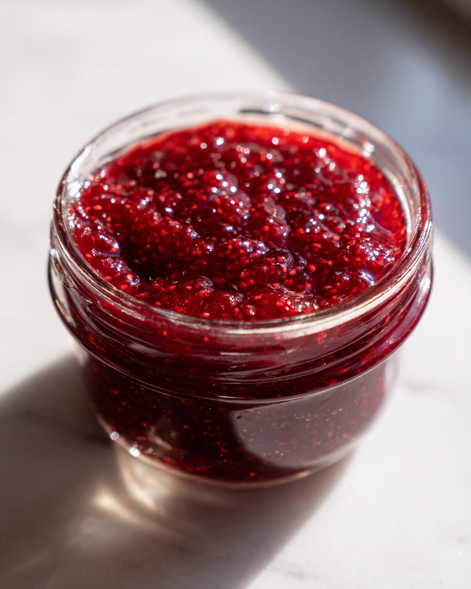 Close-up of a glass jar filled with glistening, deep red homemade raspberry jam, showing visible seeds.