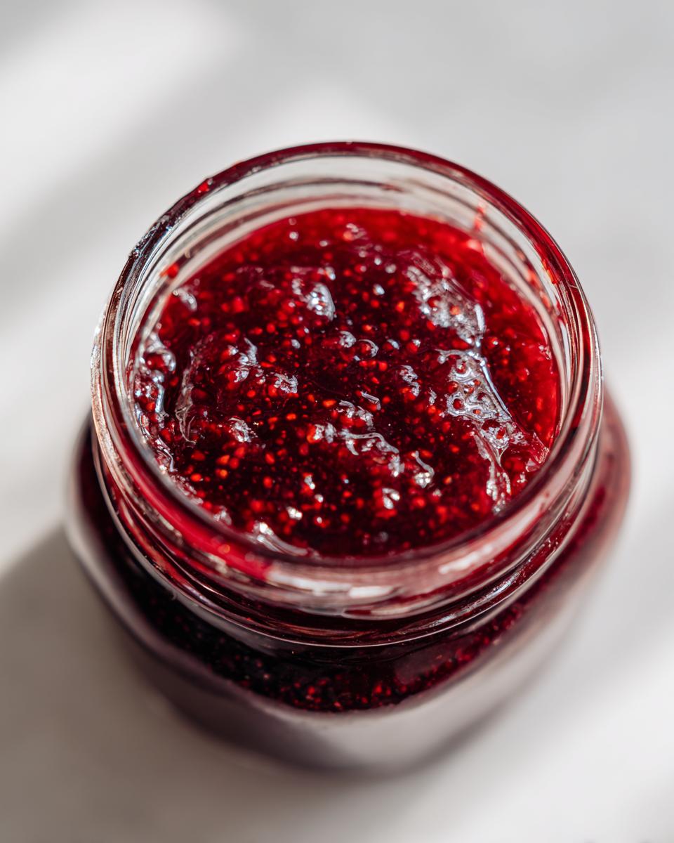 Overhead close-up view of rich, dark red homemade raspberry jam filling an open glass jar.