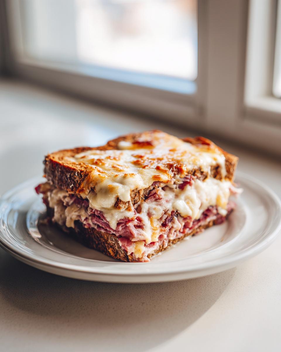 A thick slice of homemade reuben bake featuring layers of corned beef, sauerkraut, and melted Swiss cheese on rye bread.