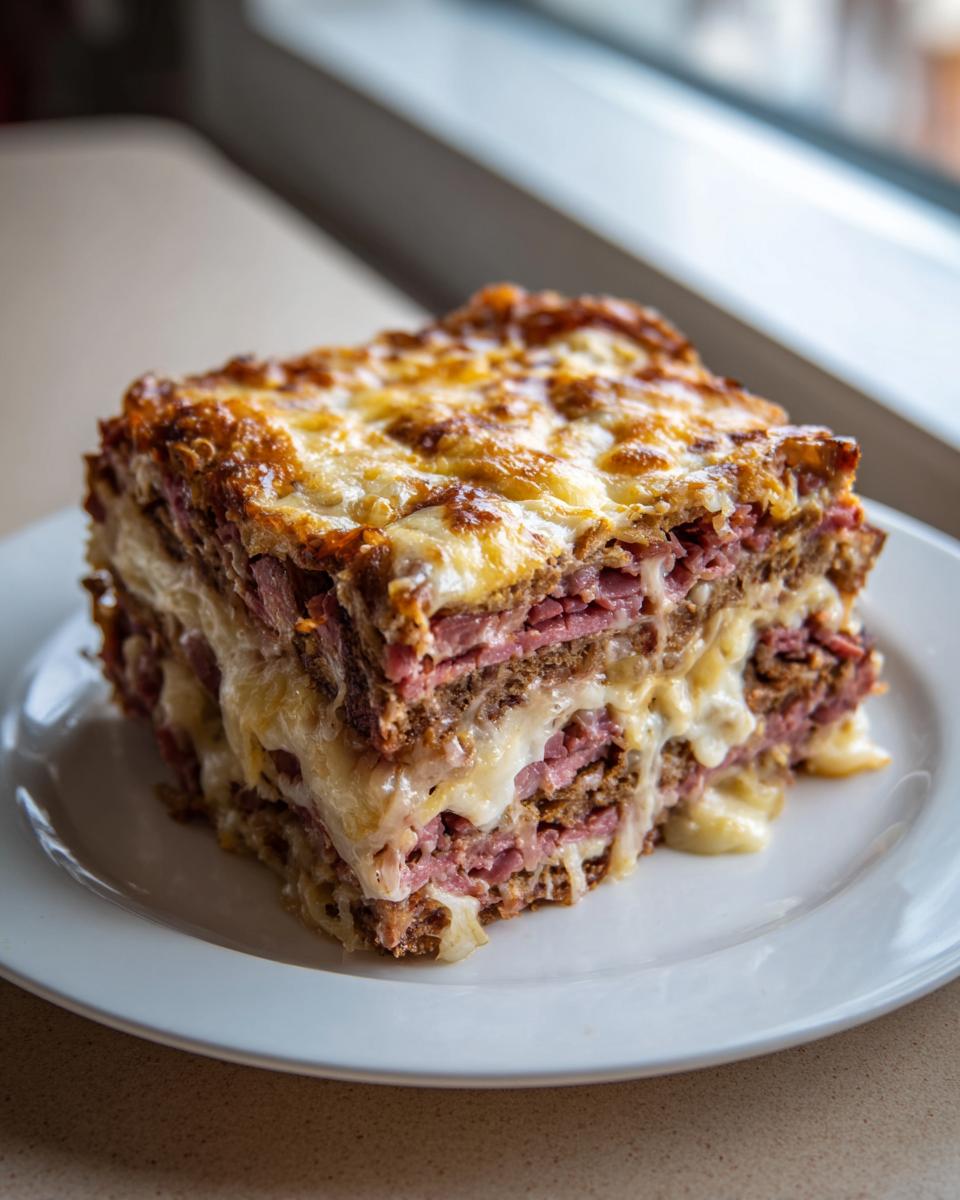 A thick, layered slice of homemade reuben bake featuring corned beef, rye bread, and melted Swiss cheese.
