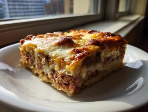 A hearty slice of homemade reuben bake with layers of meat and melted cheese, served on a white plate.