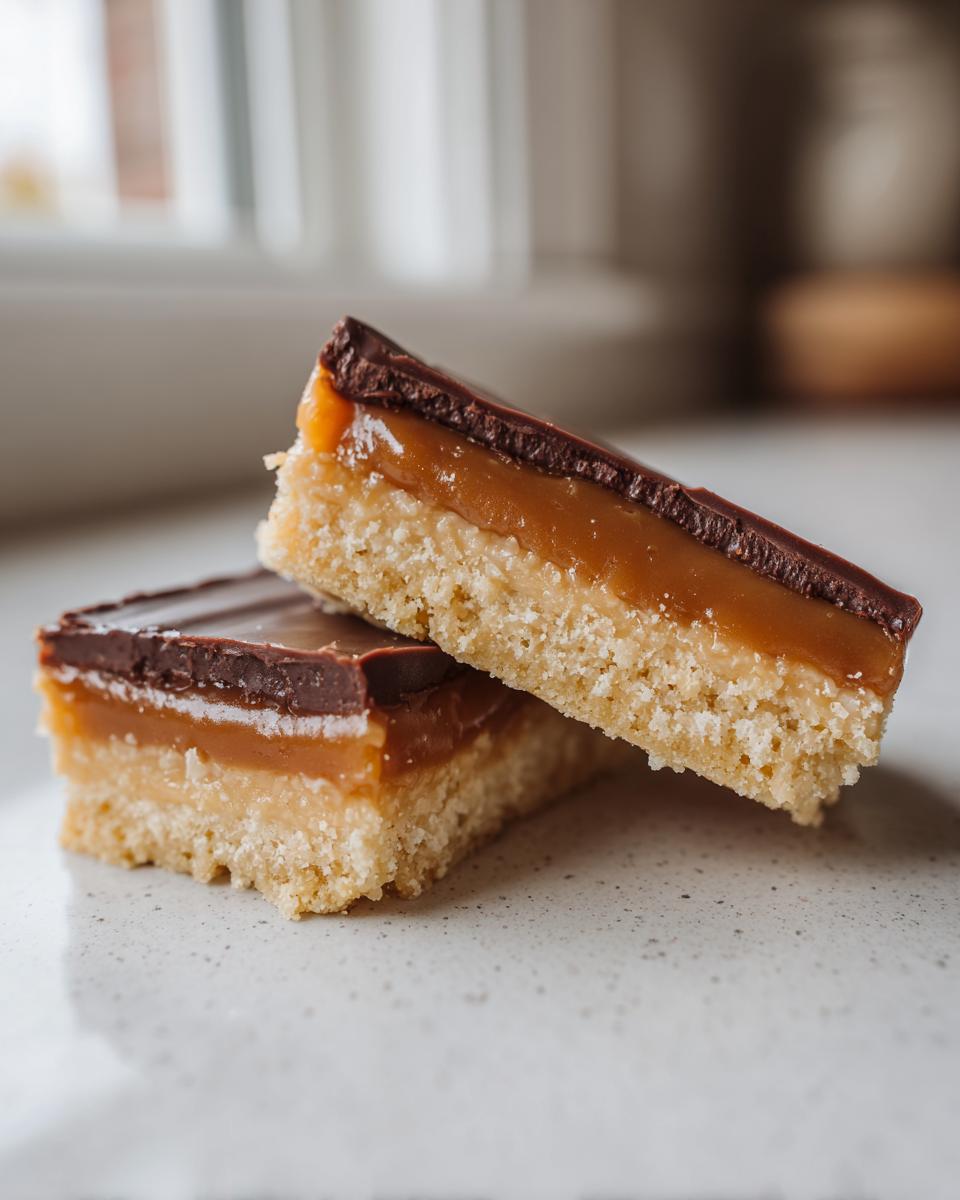 Two delicious homemade twix bars stacked slightly, showing the shortbread base, thick caramel layer, and chocolate topping.