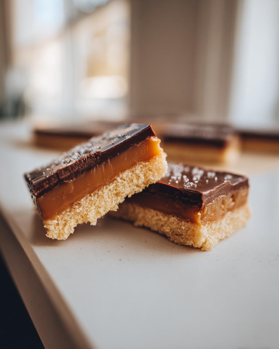 Two cross-sections of homemade twix bars showing shortbread, caramel, and chocolate layers, sprinkled with sea salt.
