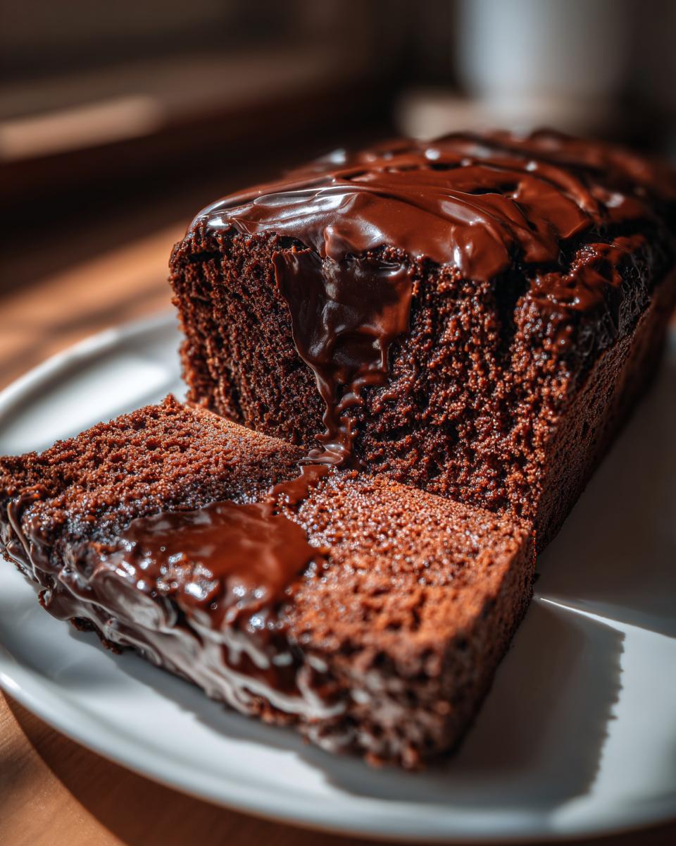 A slice of rich, dark hot fudge brownie bread topped with a thick, glossy chocolate fudge drizzle.