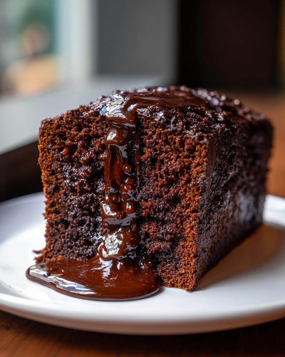 A thick slice of rich, dark hot fudge brownie bread topped with glossy, dripping hot fudge sauce.