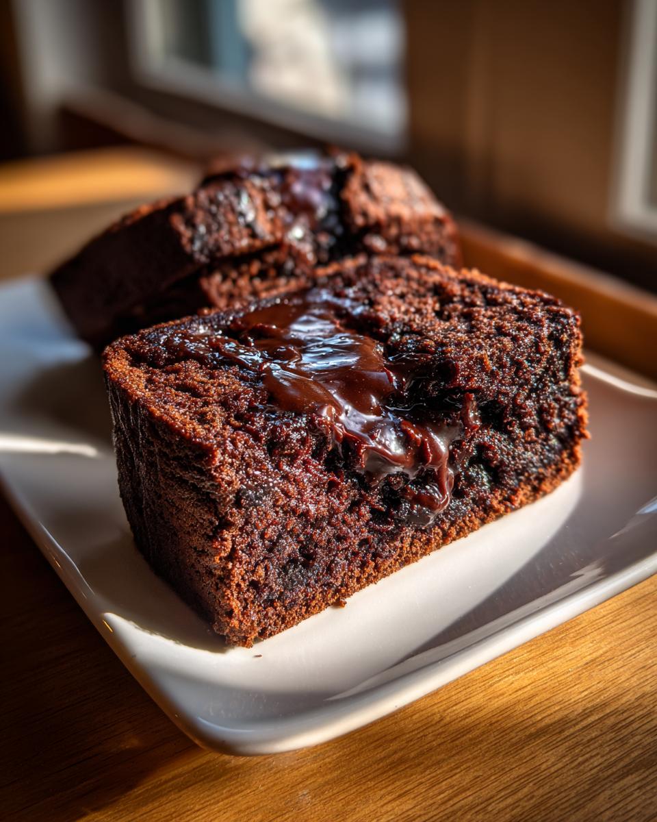 Close-up of a moist slice of hot fudge brownie bread topped with melted chocolate sauce.