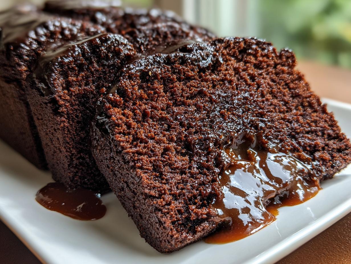 Close-up of two slices of rich, dark hot fudge brownie bread drizzled with molten fudge sauce.