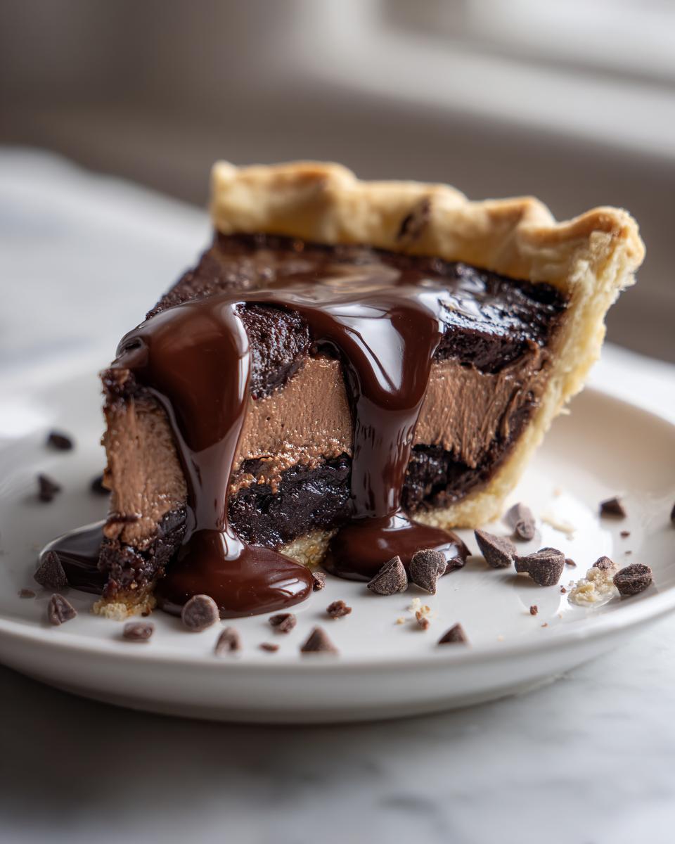 A rich slice of hot fudge pie with a creamy filling, topped with thick hot fudge sauce and chocolate chips.