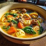 Close-up of a steaming bowl of italian sausage tortellini soup with spinach and carrots.