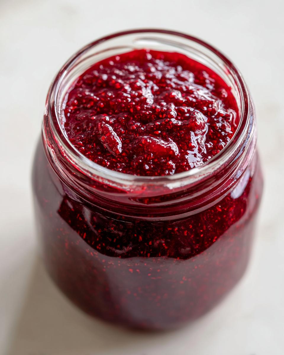 Close-up view of a glass jar filled with vibrant, textured raspberry jam, showing seeds and fruit pieces.