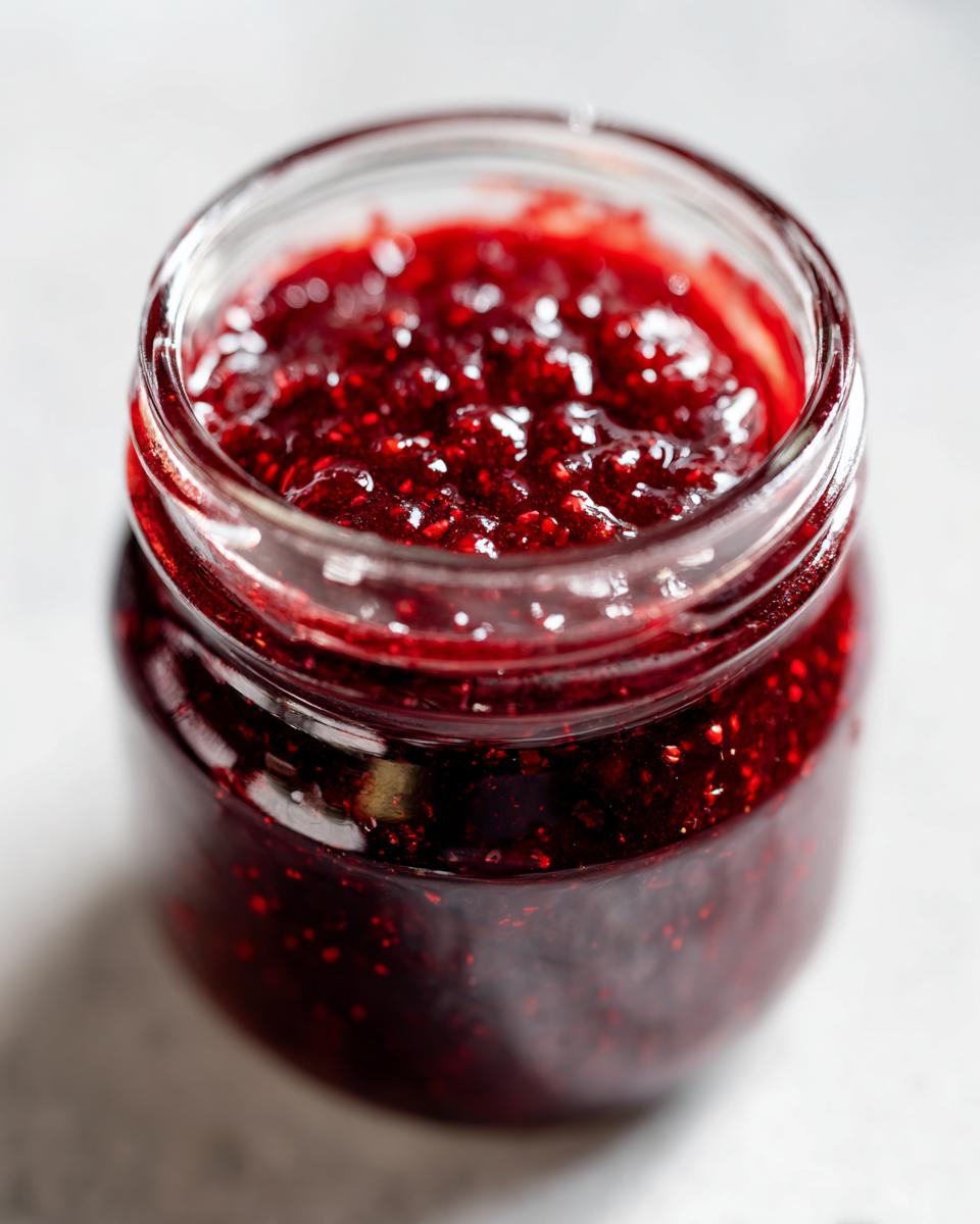 Close-up of a glass jar filled with glistening, deep red homemade raspberry jam.