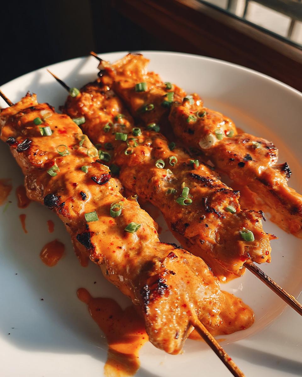 Three grilled bang bang chicken skewers coated in a creamy orange sauce and topped with chopped green onions.