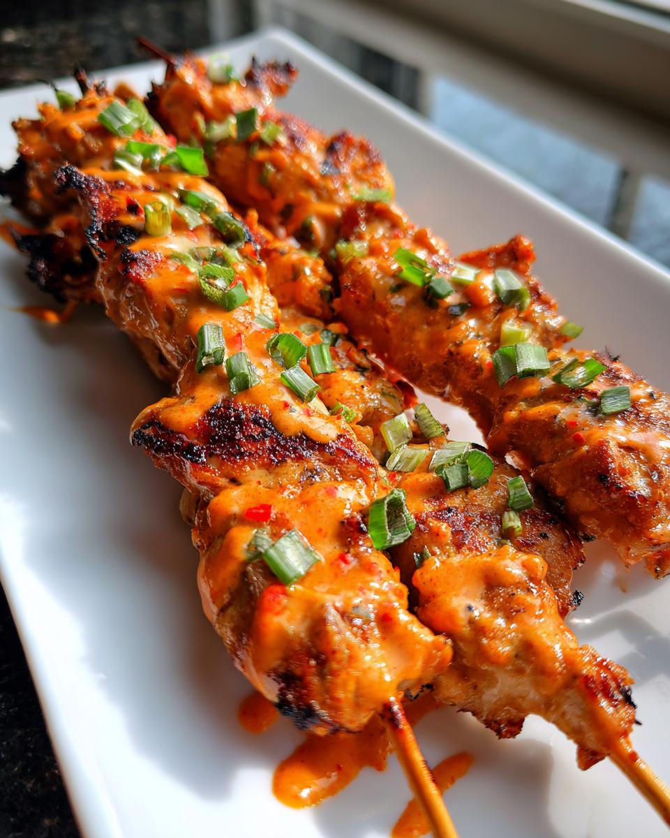 Close-up of three juicy bang bang chicken skewers drizzled with orange sauce and topped with green onions.