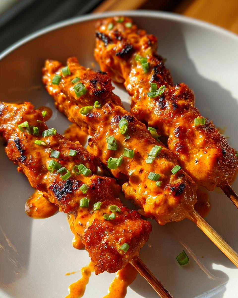 Four grilled bang bang chicken skewers coated in spicy orange sauce and topped with chopped green onions.