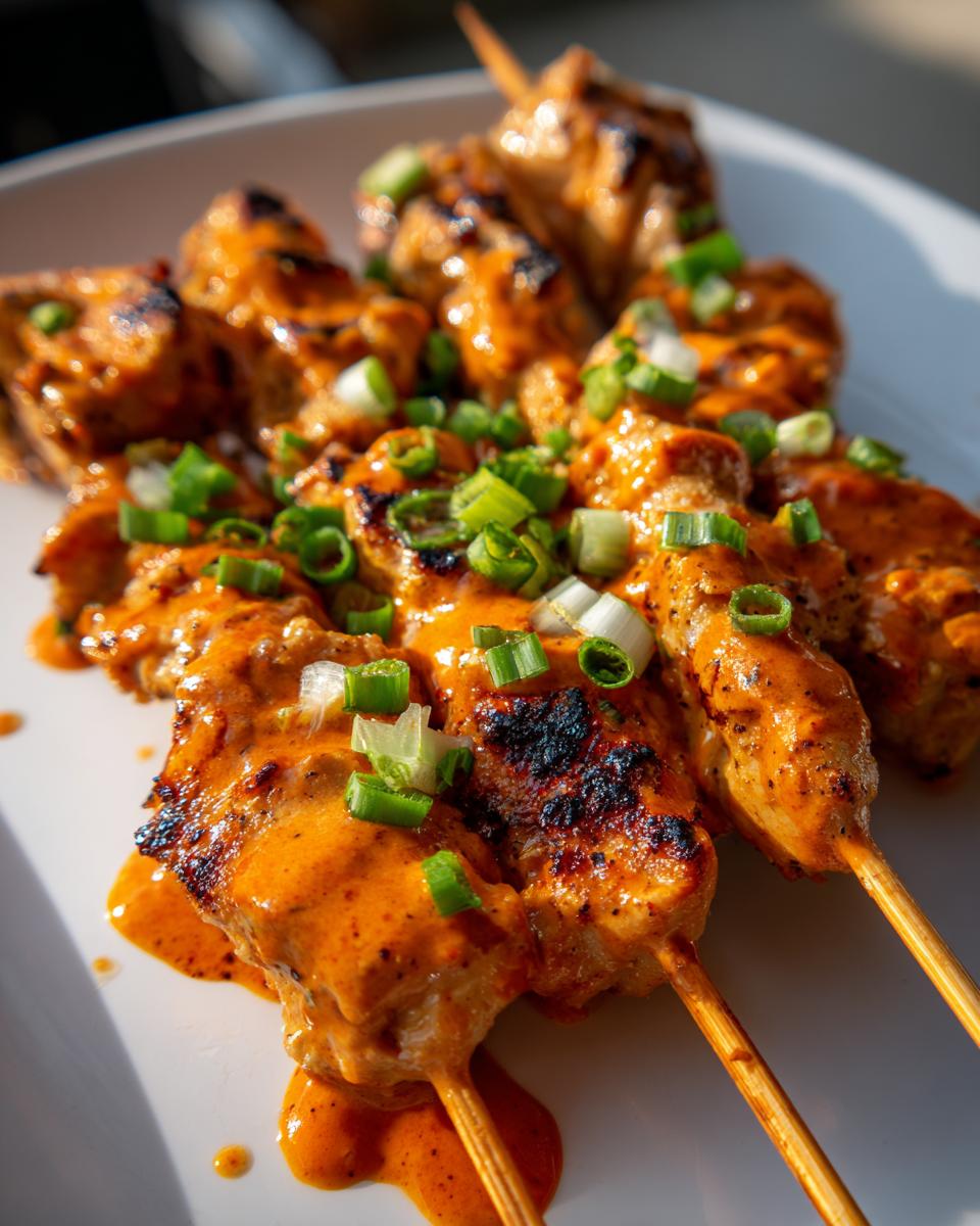 Close-up of grilled bang bang chicken skewers drizzled with orange sauce and topped with chopped green onions.
