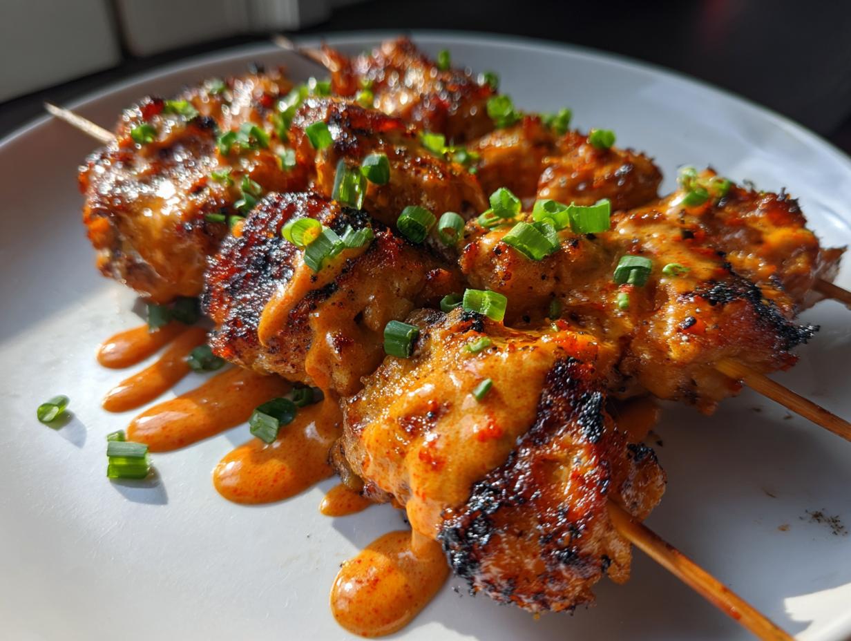 Close-up of grilled bang bang chicken skewers drizzled with spicy orange sauce and topped with chopped green onions.
