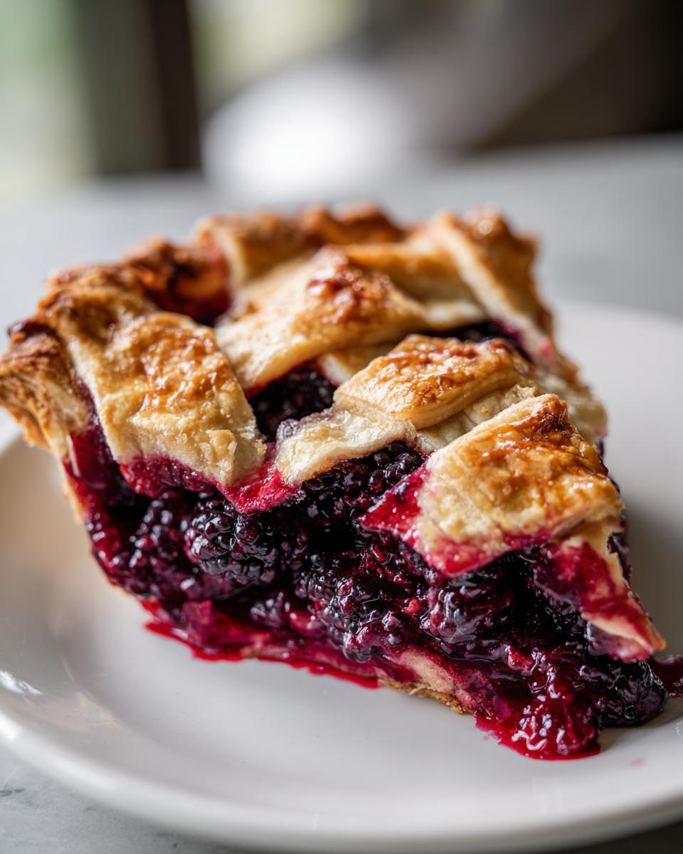 A close-up, mouthwatering slice of blackberry pie with a golden lattice crust and deep purple filling.