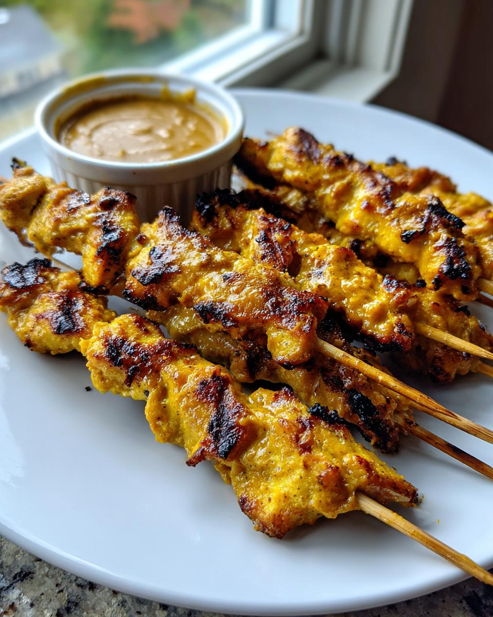 Close-up of grilled chicken satay skewers served on a white plate next to a small bowl of peanut sauce.