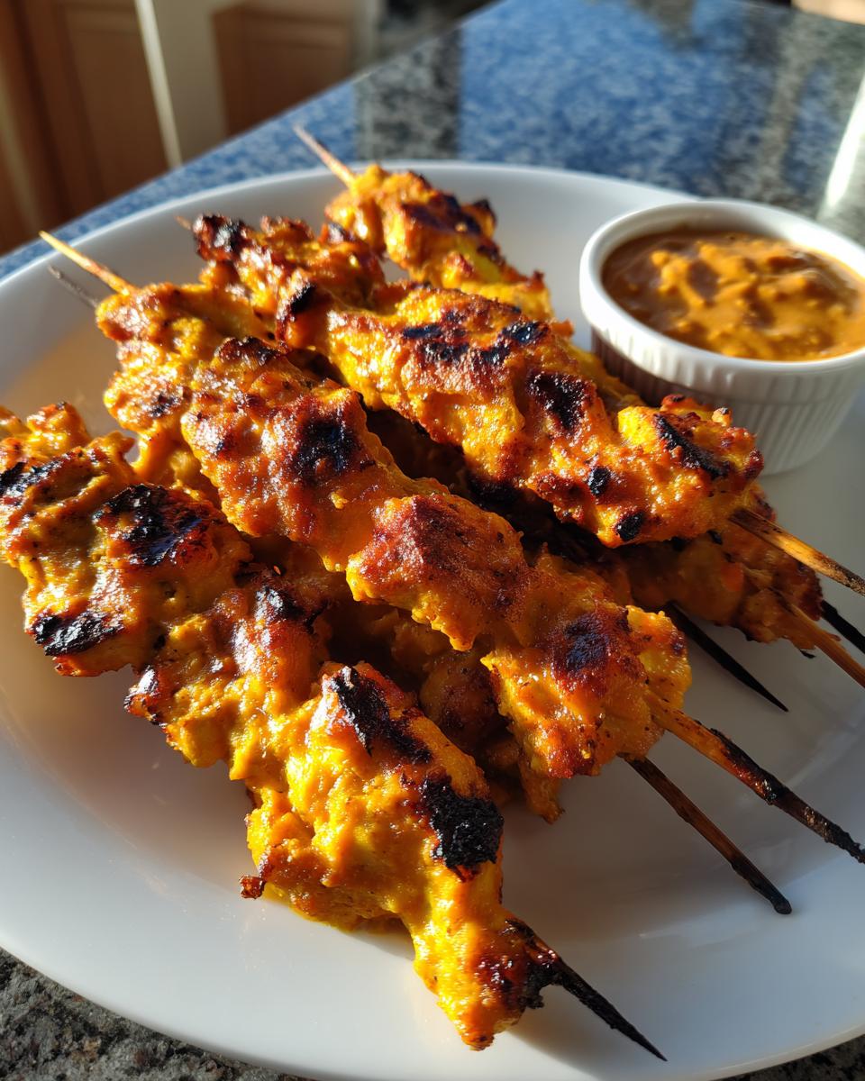 Close-up of perfectly grilled, golden brown chicken satay skewers served with a side of peanut dipping sauce.
