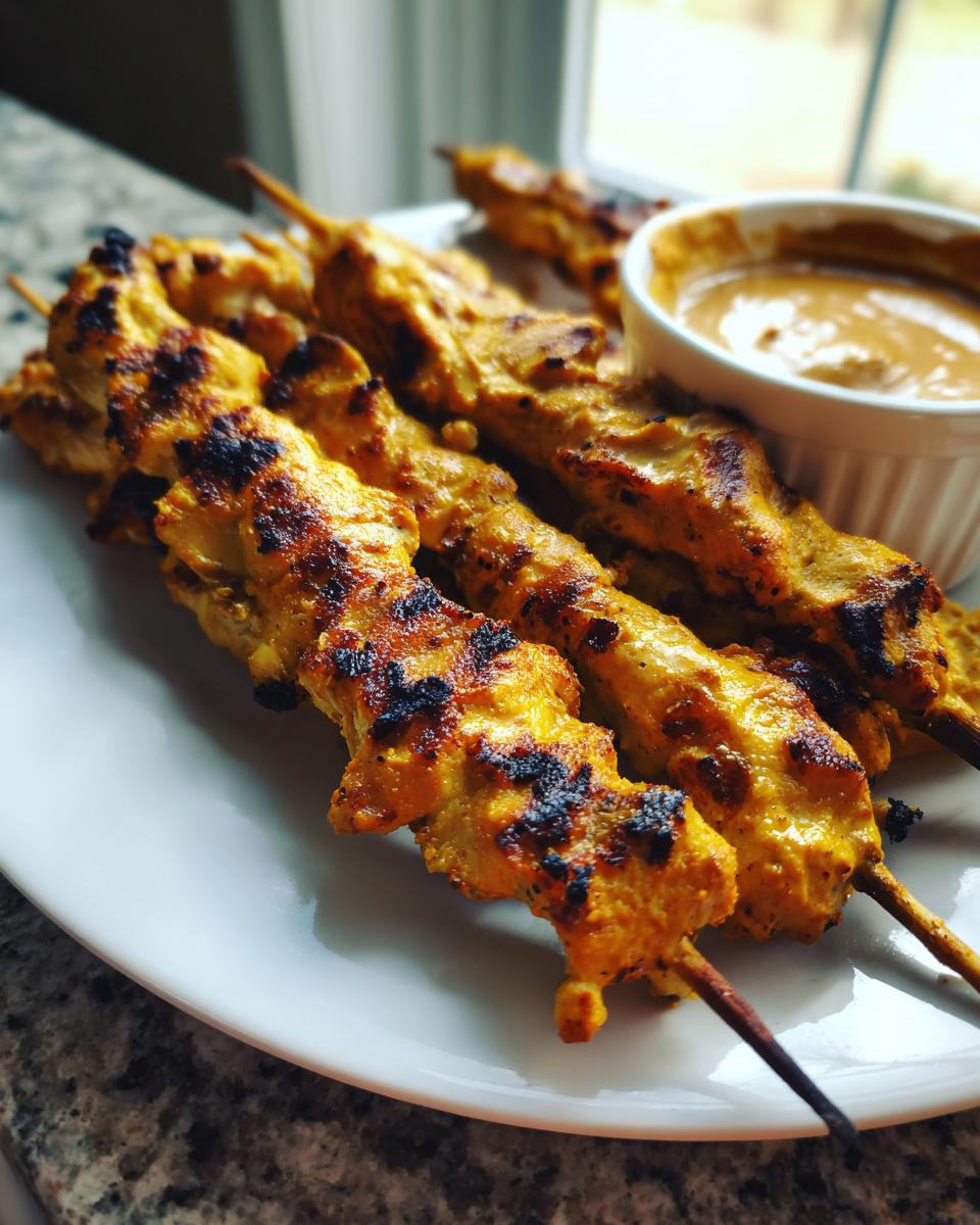 Close-up of perfectly grilled, golden-yellow chicken satay skewers served with a side of creamy peanut dipping sauce.