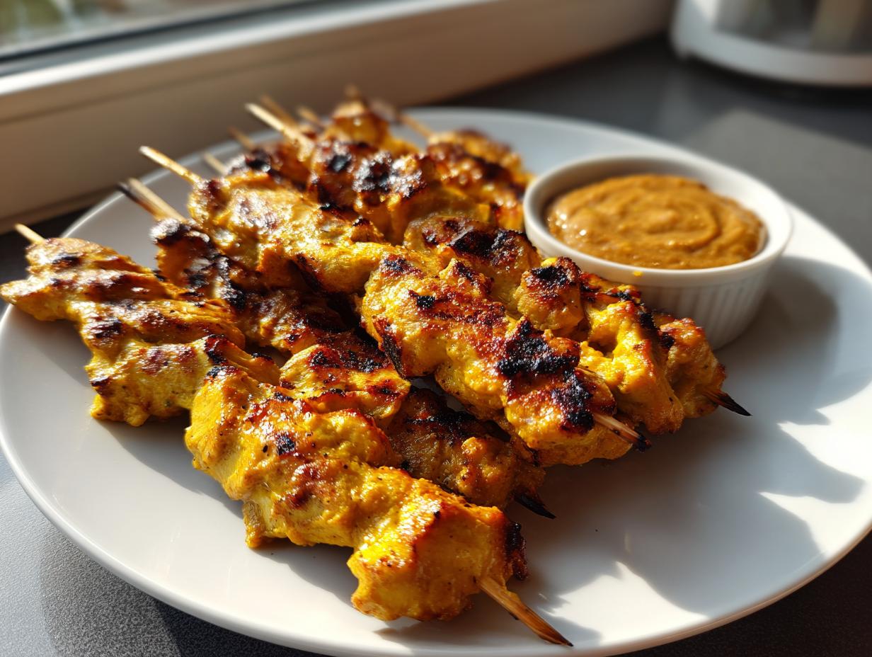 A plate of perfectly grilled, yellow-marinated chicken satay skewers served with a side of creamy peanut dipping sauce.