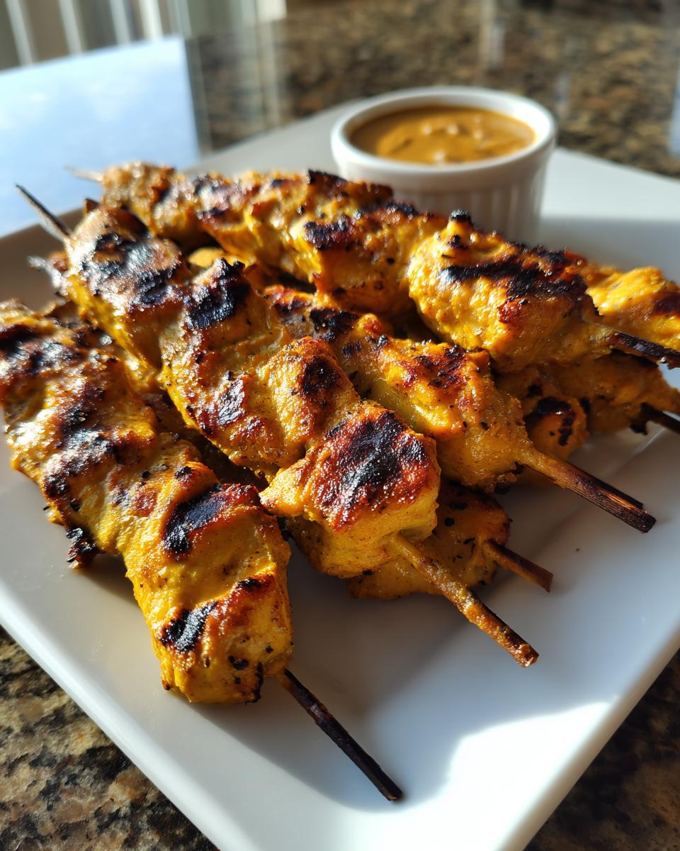Close-up of grilled chicken satay skewers with char marks, served on a white plate next to a small bowl of peanut sauce.