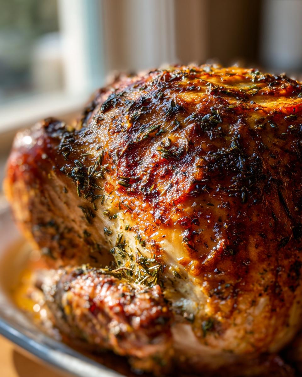Close-up of a perfectly roasted turkey with golden-brown, crispy skin seasoned with herbs.