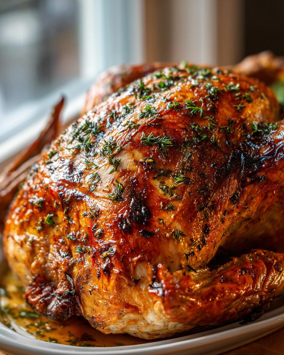 Close-up of a perfectly roasted turkey with glossy, herb-crusted skin, ready to serve.