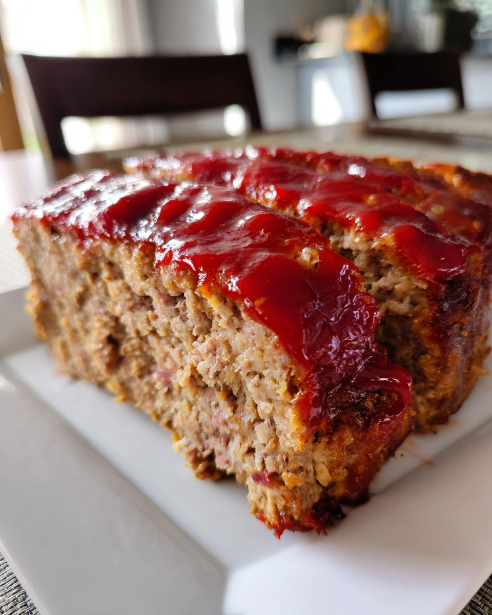 Close-up of two thick slices of juicy meatloaf topped with a bright red ketchup glaze, served on a white plate.