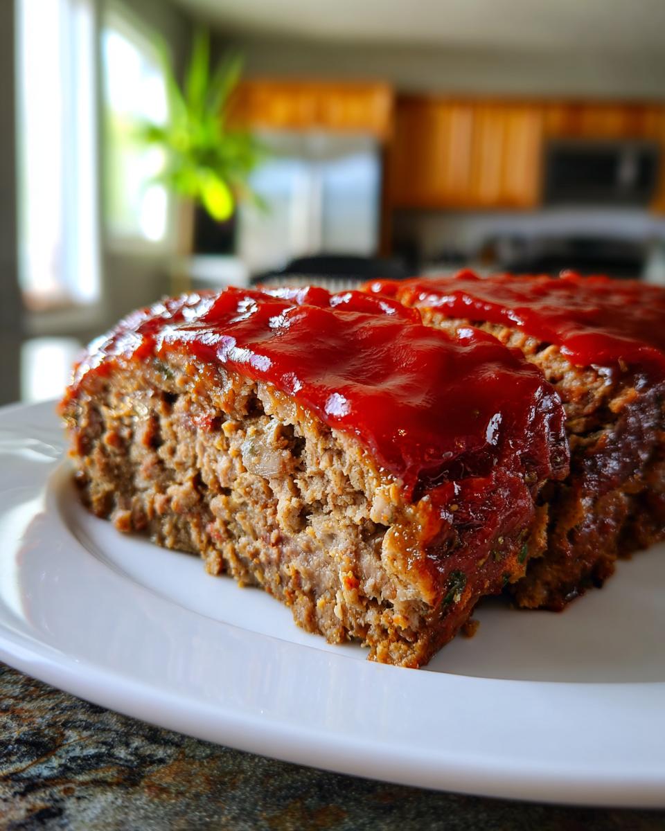A thick, juicy slice of homemade meatloaf topped with a bright red ketchup glaze, served on a white plate.