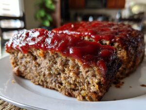 A thick slice of juicy meatloaf topped with a shiny red ketchup glaze, sitting on a white plate.